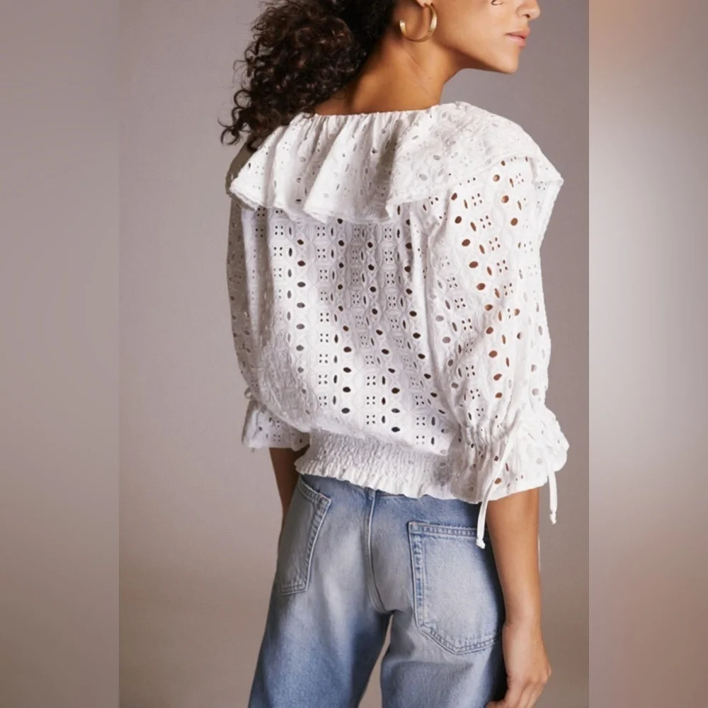 Anthropologie Porridge Size XS White Eyelet Ruffled Puff Sleeve Blouse